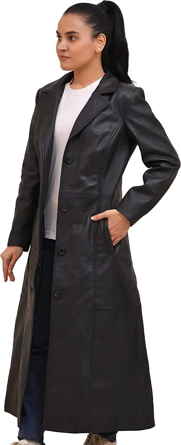 Isaac & David Chicago Long body Leather Coat for Women - Lambskin Black Full body Trench Coat - Leather Car Coat