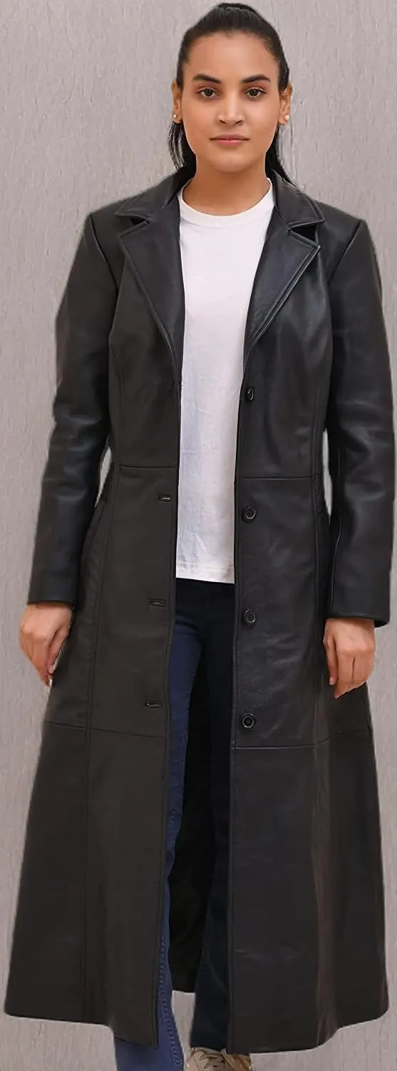 Isaac & David Chicago Long body Leather Coat for Women - Lambskin Black Full body Trench Coat - Leather Car Coat