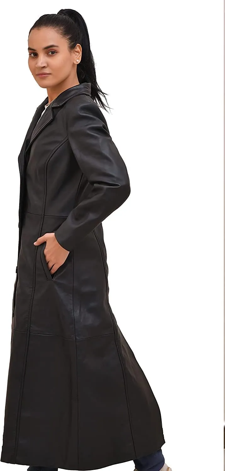Isaac & David Chicago Long body Leather Coat for Women - Lambskin Black Full body Trench Coat - Leather Car Coat