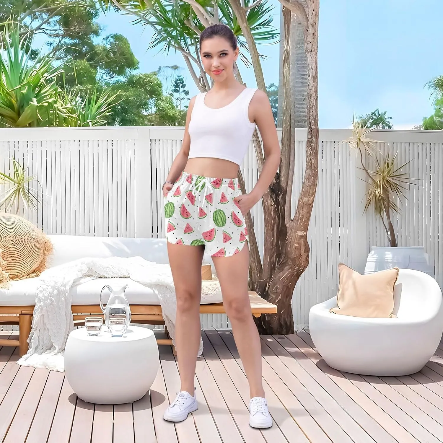 J JOYSAY Watermelon Summer Athletic Shorts Quick Dry Women Sweat Shorts Beach Lounge Pants with Pocket Drawstring