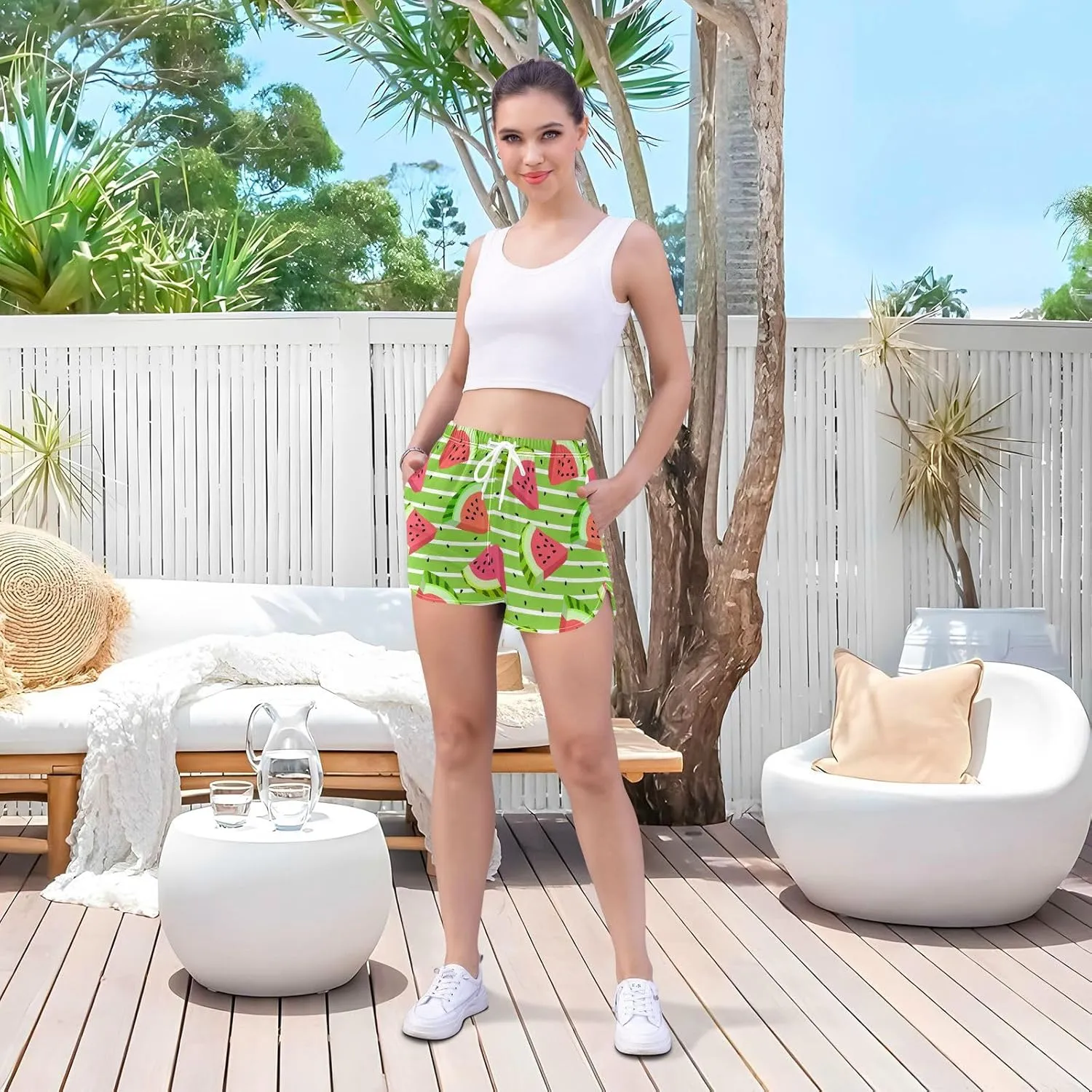 J JOYSAY Watermelon Summer Athletic Shorts Quick Dry Women Sweat Shorts Beach Lounge Pants with Pocket Drawstring