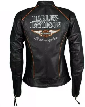 Jacket Hub Women’s Black Classic Leather Harley Motorcycle Jacket, Biker Jacket for Ladies with Side Laces