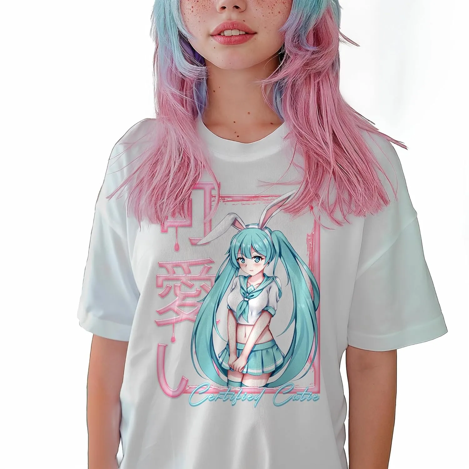Japanese Anime Neko Bunny Girl White Oversized Graphic T-Shirt (S)