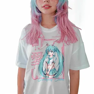 Japanese Anime Neko Bunny Girl White Oversized Graphic T-Shirt (S)