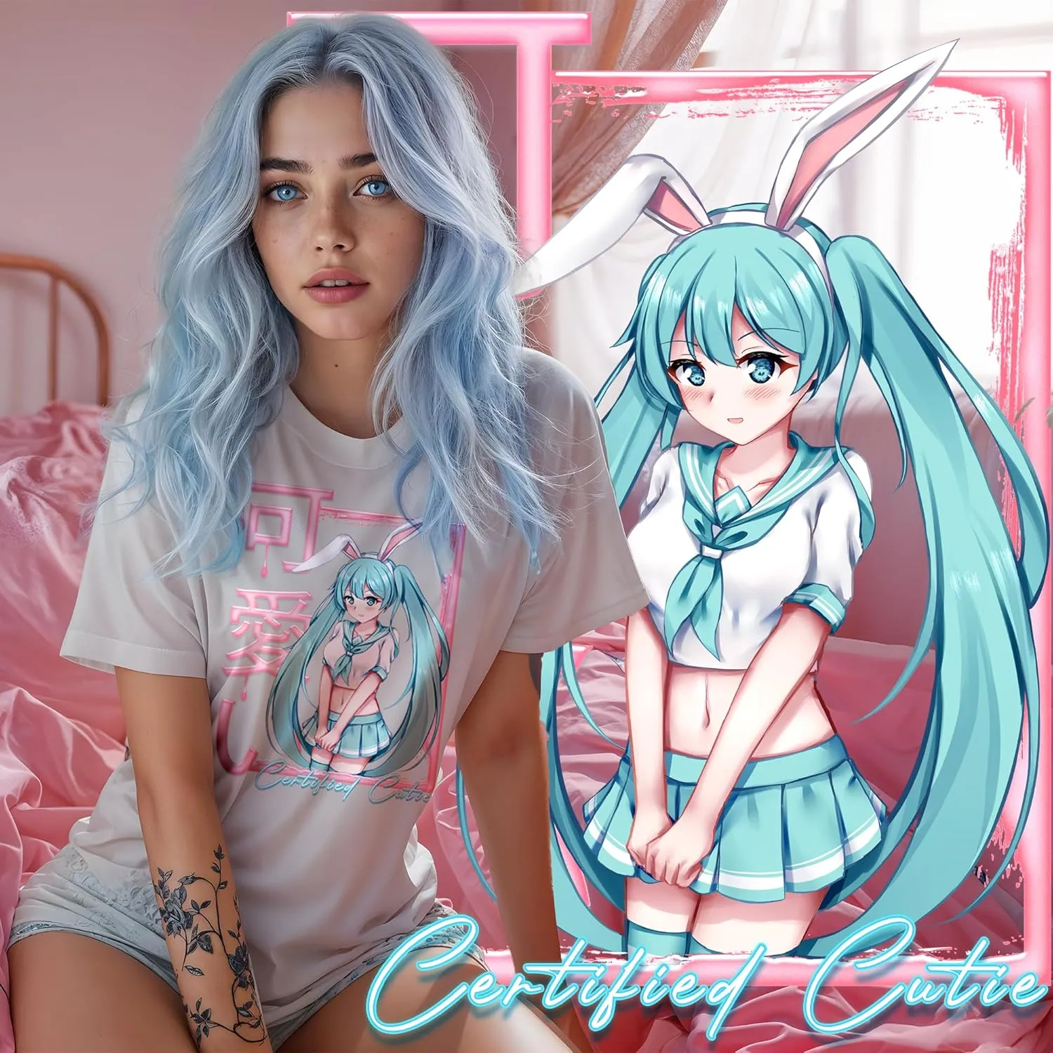 Japanese Anime Neko Bunny Girl White Oversized Graphic T-Shirt (S)