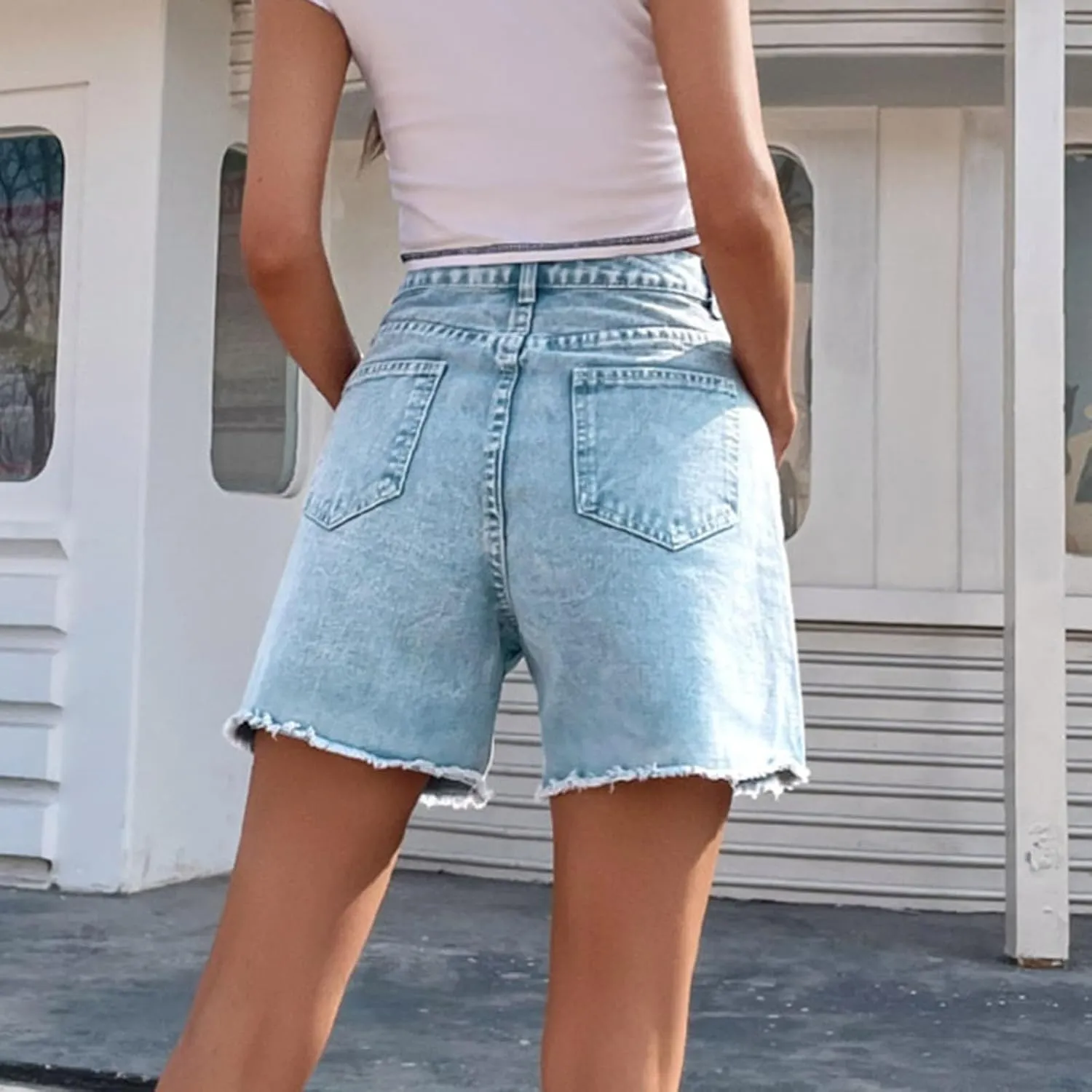 Jean Shorts for Women High Waisted Stretch Frayed Raw Hem Pockets Denim Short Summer Trendy Loose Comfy Casual Short Black L