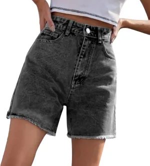 Jean Shorts for Women High Waisted Stretch Frayed Raw Hem Pockets Denim Short Summer Trendy Loose Comfy Casual Short Black L