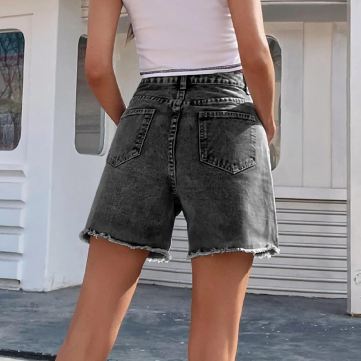 Jean Shorts for Women High Waisted Stretch Frayed Raw Hem Pockets Denim Short Summer Trendy Loose Comfy Casual Short Black L