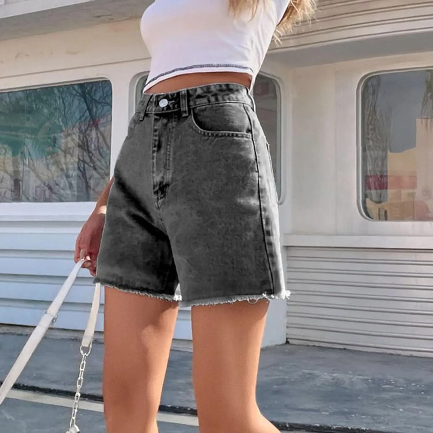 Jean Shorts for Women High Waisted Stretch Frayed Raw Hem Pockets Denim Short Summer Trendy Loose Comfy Casual Short Black L
