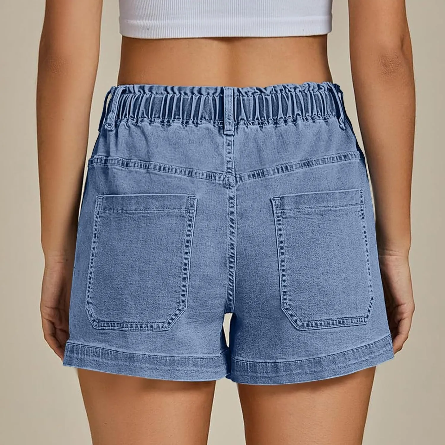 Jean Shorts Womens High Waisted Drawstring Pull On Short Jeans Baggy Casual Denim Chambray Shorts with Pockets