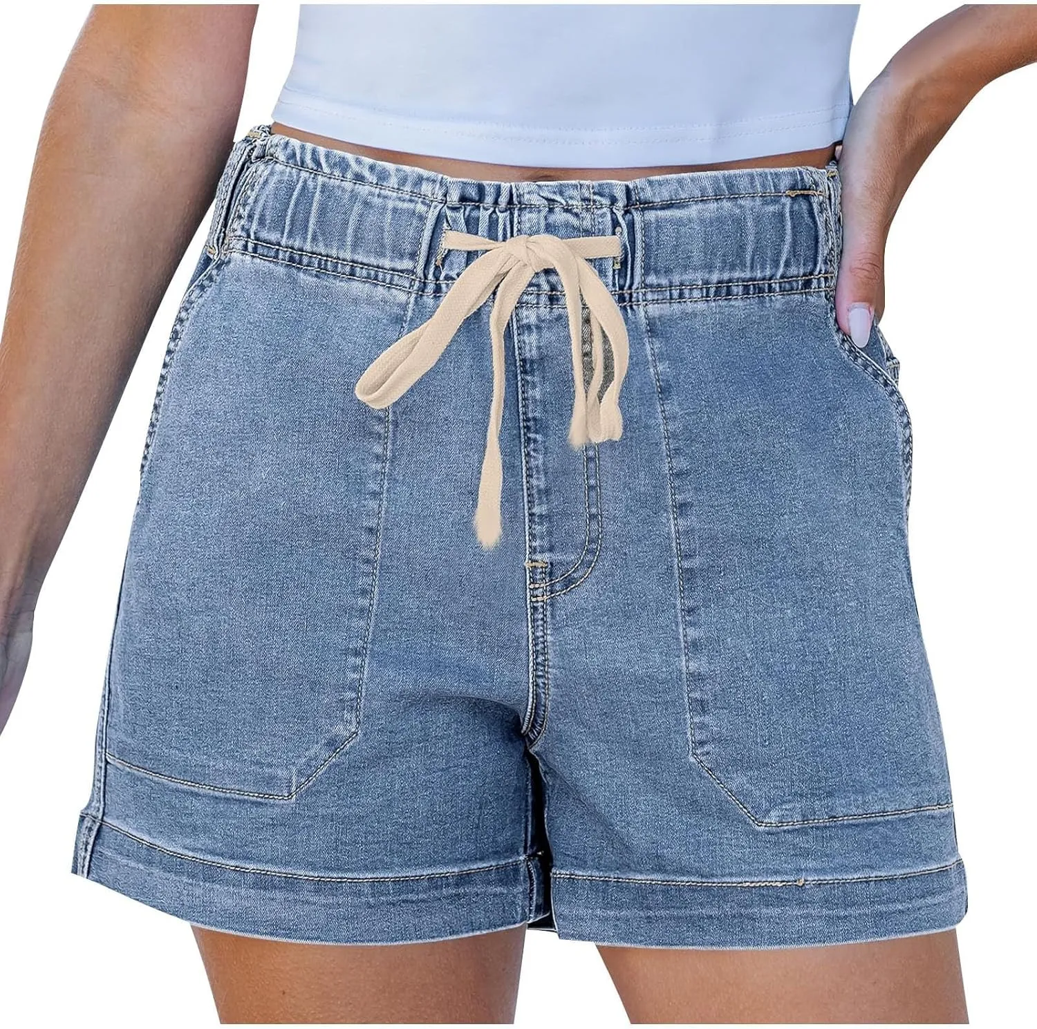 Jean Shorts Womens High Waisted Drawstring Pull On Short Jeans Baggy Casual Denim Chambray Shorts with Pockets