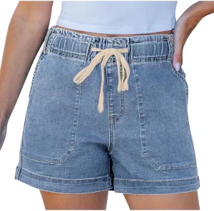 Jean Shorts Womens High Waisted Drawstring Pull On Short Jeans Baggy Casual Denim Chambray Shorts with Pockets