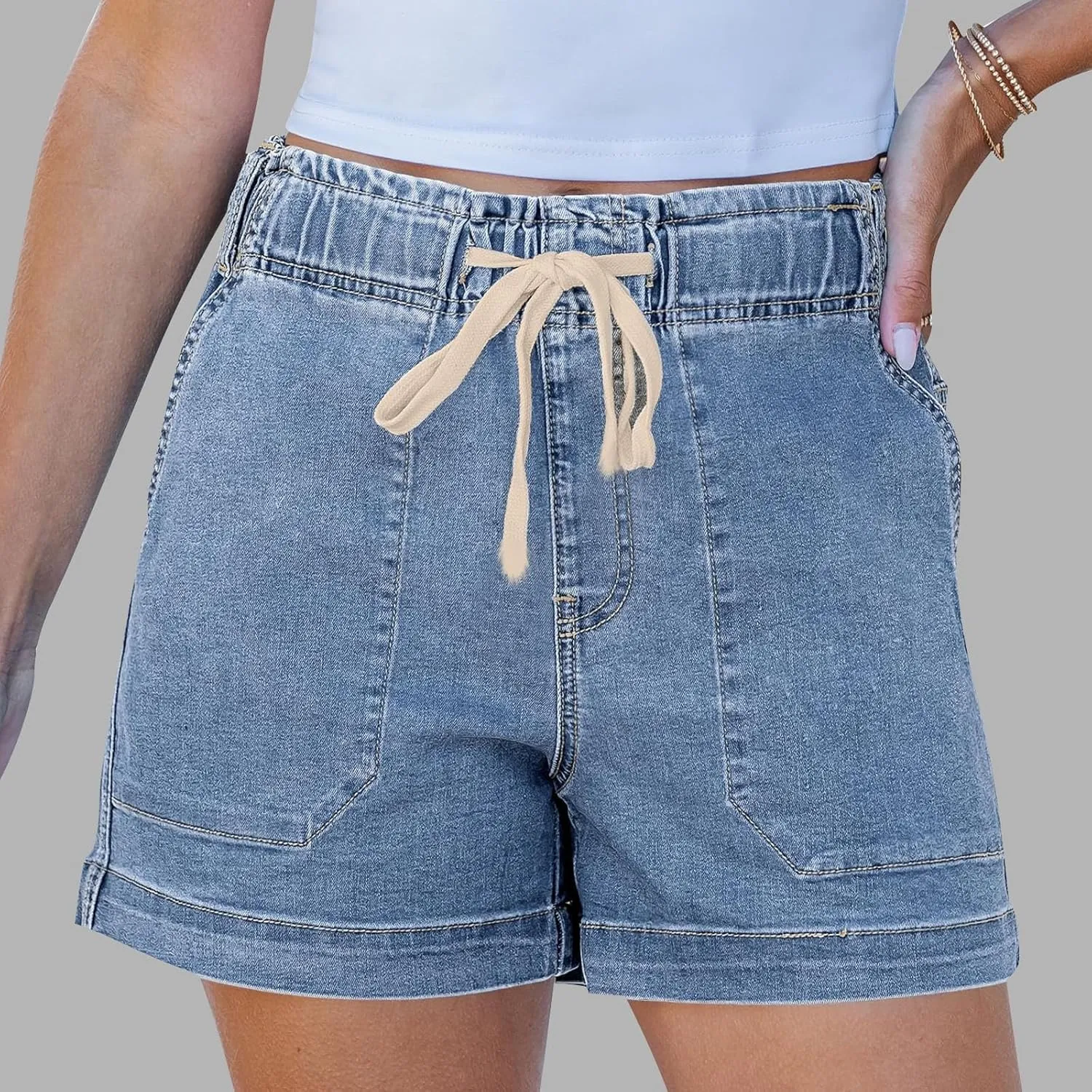 Jean Shorts Womens High Waisted Drawstring Pull On Short Jeans Baggy Casual Denim Chambray Shorts with Pockets