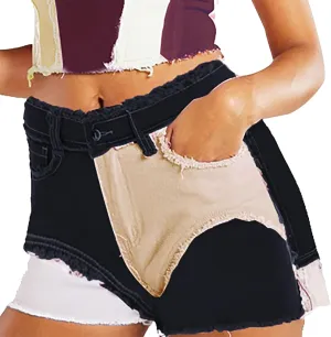 Jean Shorts Womens High Waisted Stretchy Butt Lifting Denim Shorts Trendy Color Block Skinny Hot Jorts with Pockets