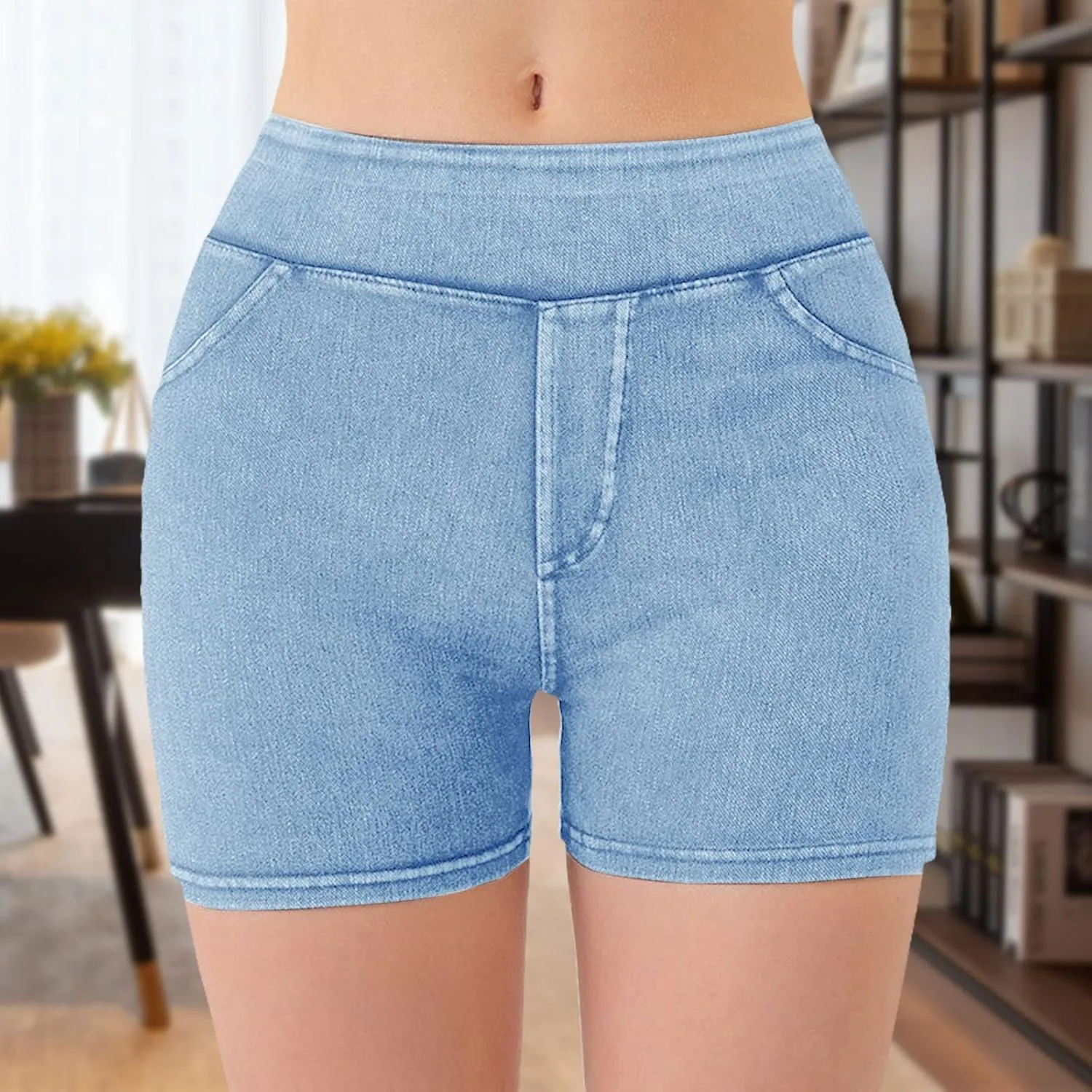 Jean Shorts Womens High Waisted Stretchy Tummy Control Denim Pull On Shorts Skinny Butt Lifting Jorts with Pockets