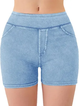 Jean Shorts Womens High Waisted Stretchy Tummy Control Denim Pull On Shorts Skinny Butt Lifting Jorts with Pockets
