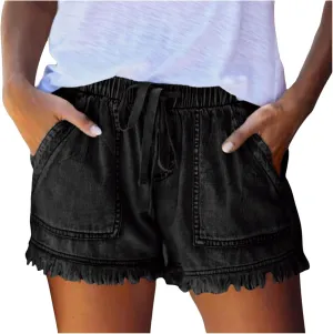 Jeans Shorts for Women Elastic High Waisted Stretchy Drawstring Slim Fit Casual Denim Shorts Lightweight Baggy Summer Jorts