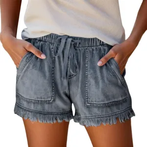 Jeans Shorts for Women Elastic High Waisted Stretchy Drawstring Slim Fit Casual Denim Shorts Lightweight Baggy Summer Jorts