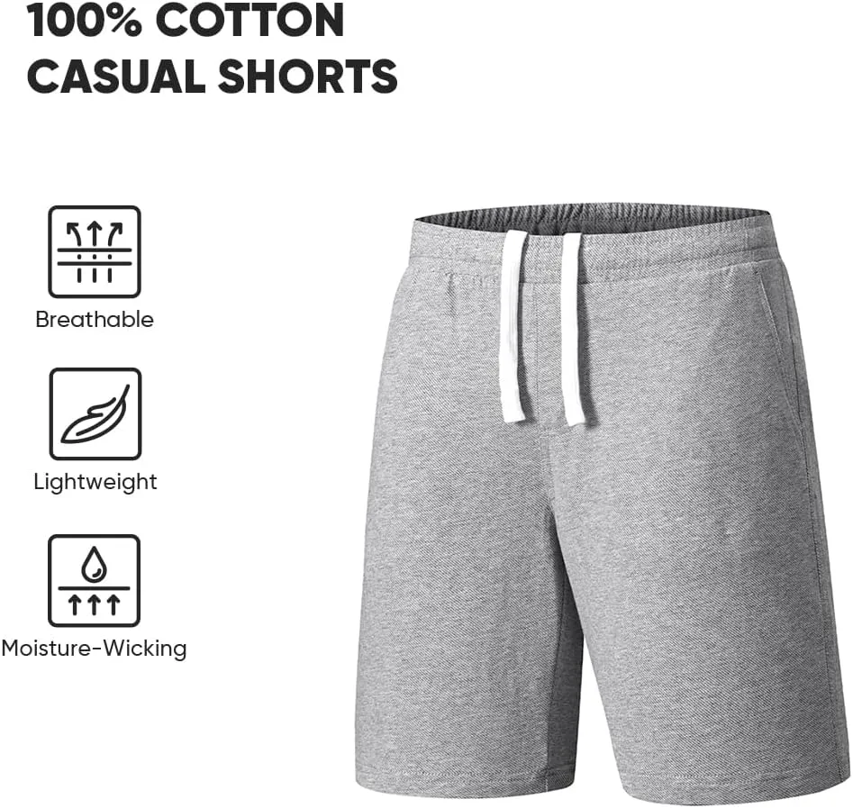 JMIERR Men's 100% Cotton Shorts 9" Casual Elastic Waist Drawstring Lightweight Workout Lounge Beach Jersey Sweat Shorts