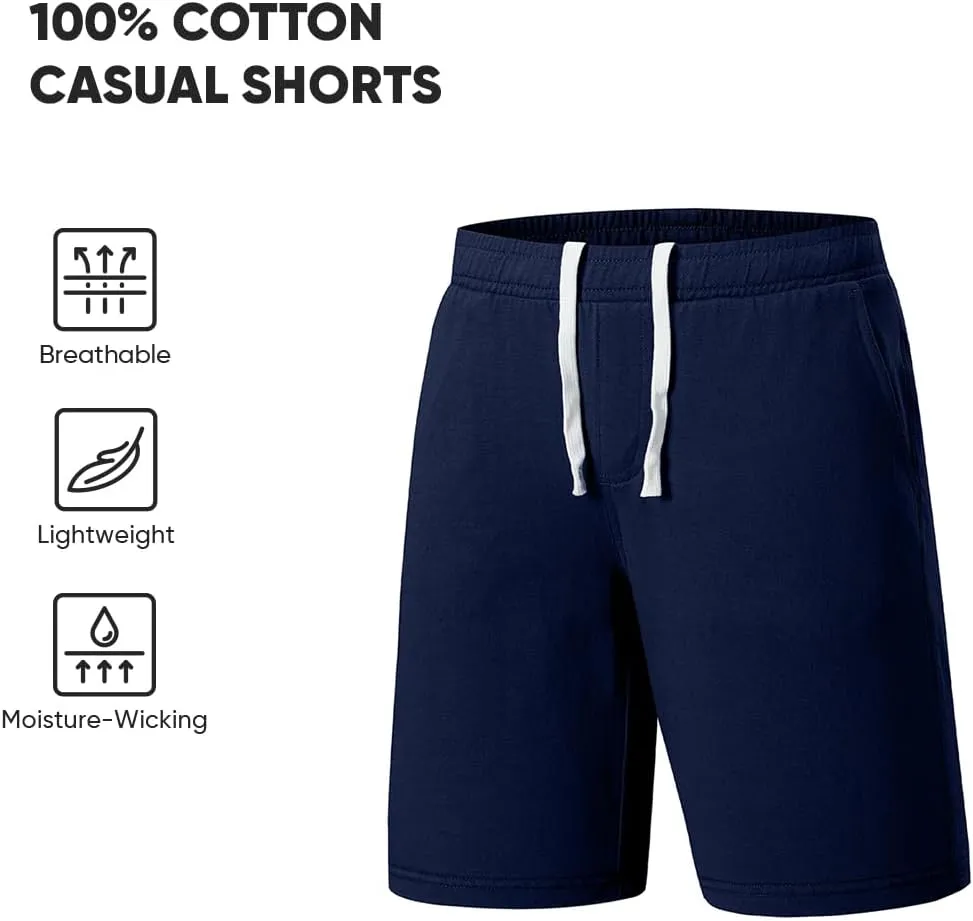 JMIERR Men's 100% Cotton Shorts 9" Casual Elastic Waist Drawstring Lightweight Workout Lounge Beach Jersey Sweat Shorts