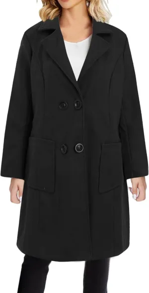 JOAU Women's Basic Wool Blend Pea Coats, Double Breasted Notch Lapel Midi Trench Coat Warm Jackets Overcoat with Pockets