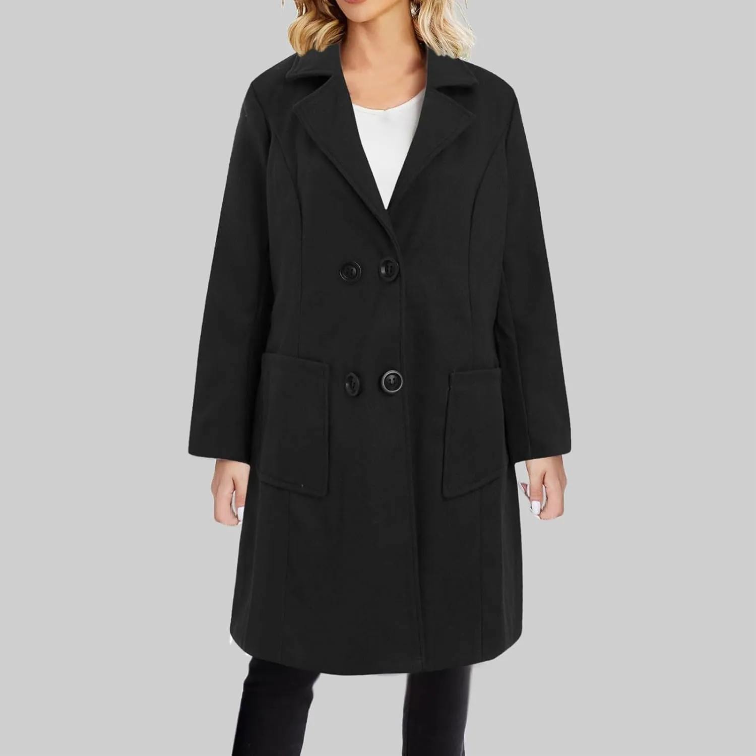JOAU Women's Basic Wool Blend Pea Coats, Double Breasted Notch Lapel Midi Trench Coat Warm Jackets Overcoat with Pockets