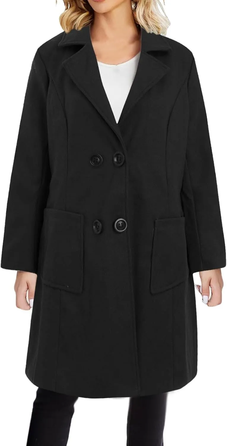 JOAU Women's Basic Wool Blend Pea Coats, Double Breasted Notch Lapel Midi Trench Coat Warm Jackets Overcoat with Pockets