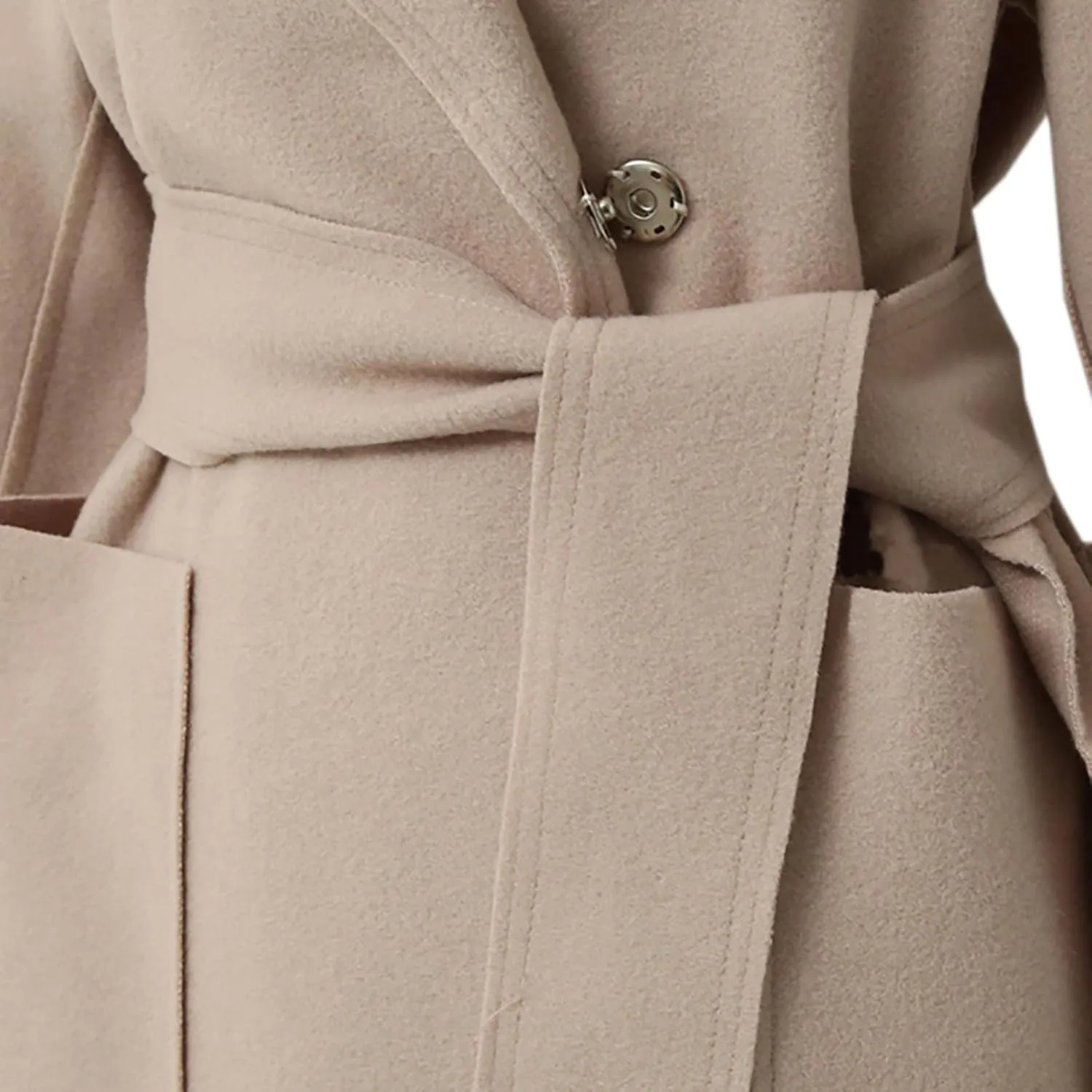 JOAU Women's Notched Lapel Double Breasted Snap Pea Coat Mid-Long Wool Blend Trench Coats with Belt Fashion Pockets Overcoat
