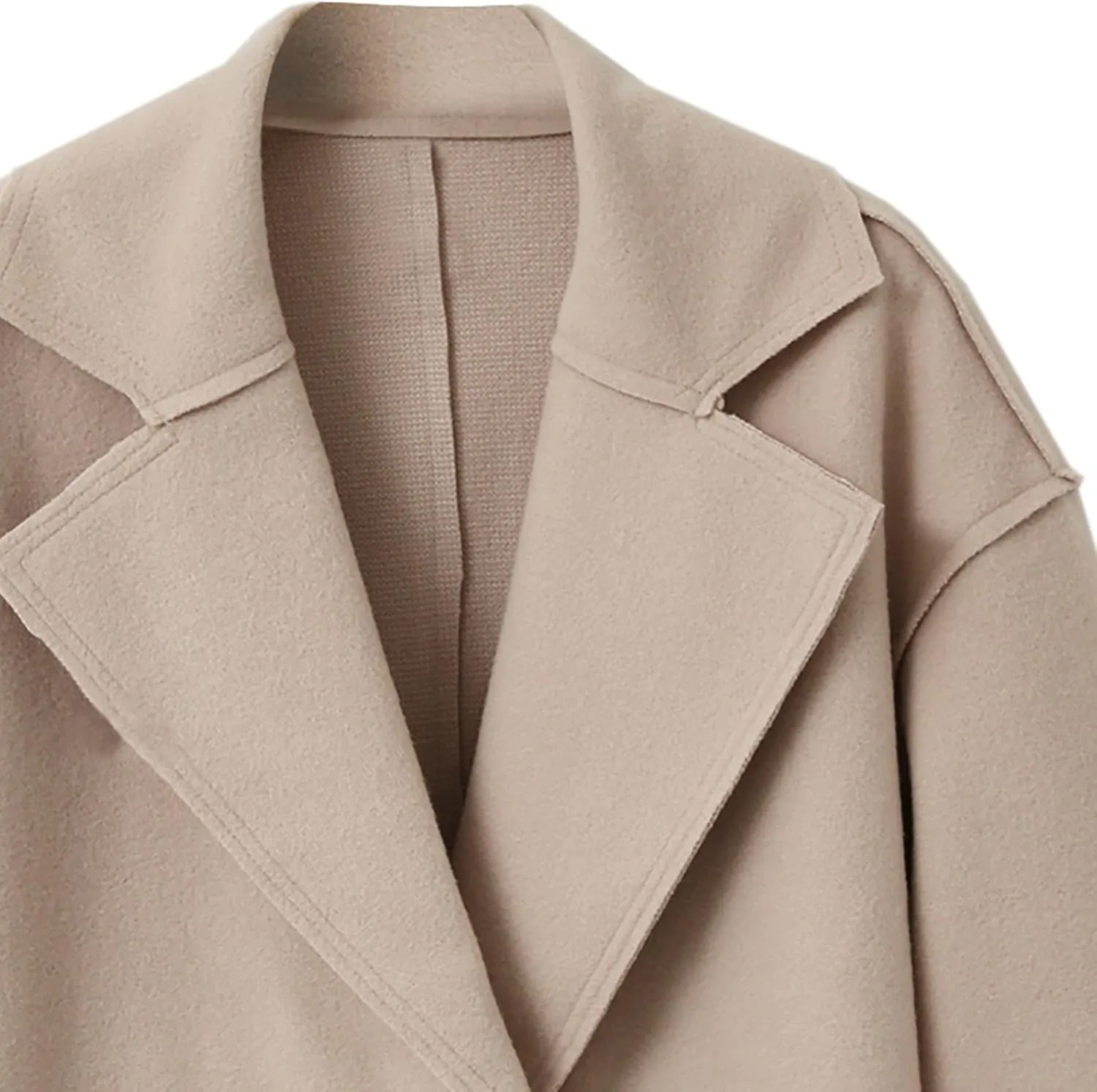 JOAU Women's Notched Lapel Double Breasted Snap Pea Coat Mid-Long Wool Blend Trench Coats with Belt Fashion Pockets Overcoat