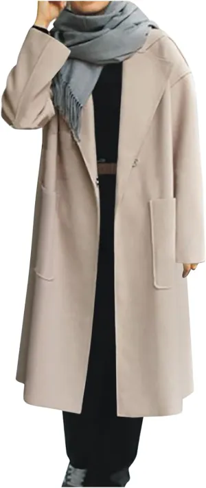 JOAU Women's Notched Lapel Double Breasted Snap Pea Coat Mid-Long Wool Blend Trench Coats with Belt Fashion Pockets Overcoat