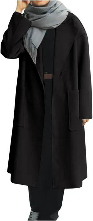 JOAU Women's Notched Lapel Double Breasted Snap Pea Coat Mid-Long Wool Blend Trench Coats with Belt Fashion Pockets Overcoat