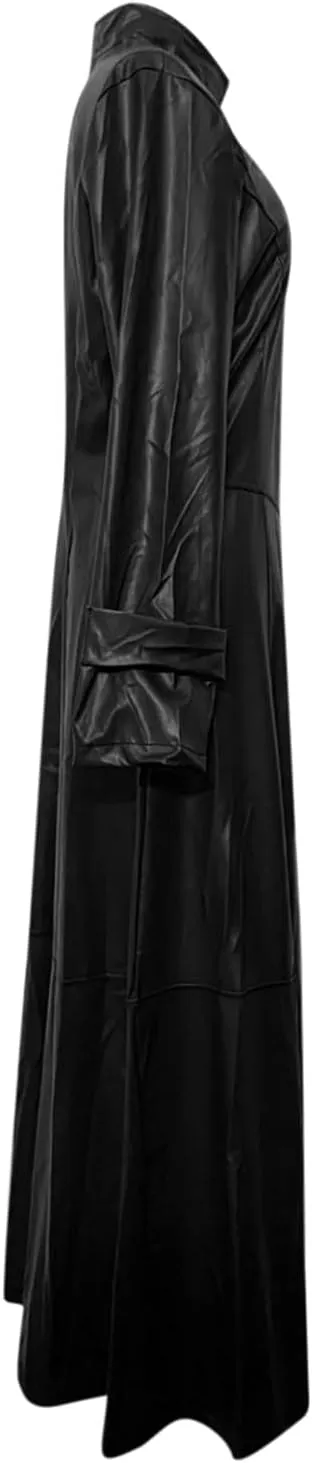 jsaierl Women's Black Leather Trench Coat, 60'S Overcoat, Ankle Length Long Coat, Single Breasted Lapel Jackets Coat Outwear