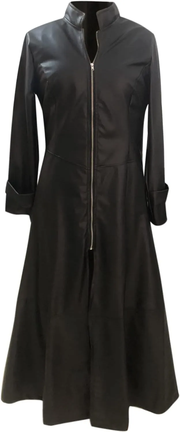 jsaierl Women's Black Leather Trench Coat, 60'S Overcoat, Ankle Length Long Coat, Single Breasted Lapel Jackets Coat Outwear
