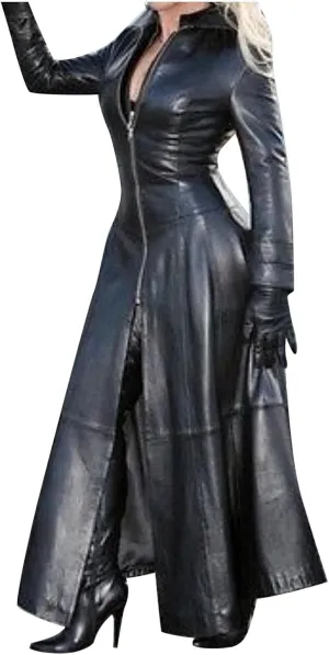 jsaierl Women's Black Leather Trench Coat, 60'S Overcoat, Ankle Length Long Coat, Single Breasted Lapel Jackets Coat Outwear