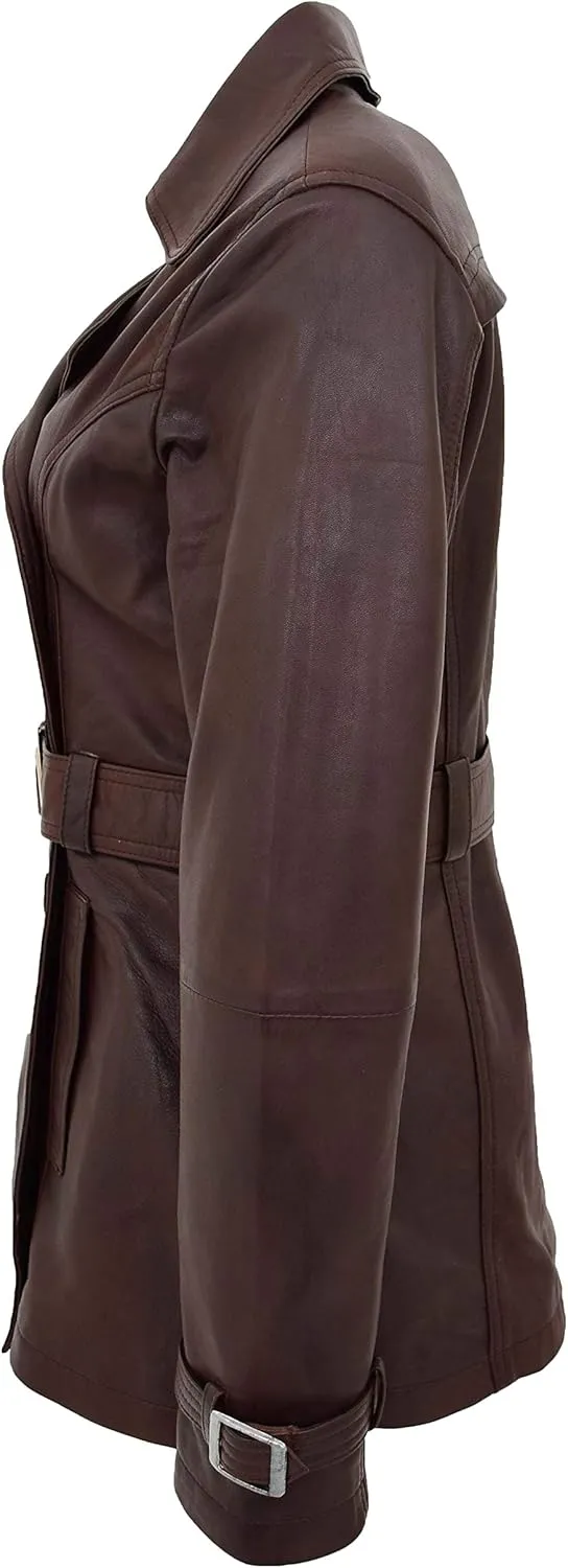 Ladies Double Breasted Mid Length Trench Leather Coat Sienna Brown