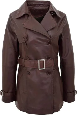 Ladies Double Breasted Mid Length Trench Leather Coat Sienna Brown