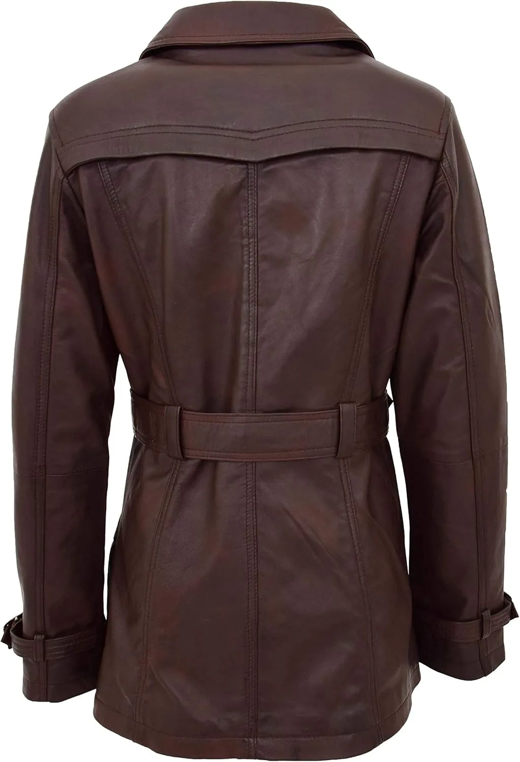 Ladies Double Breasted Mid Length Trench Leather Coat Sienna Brown
