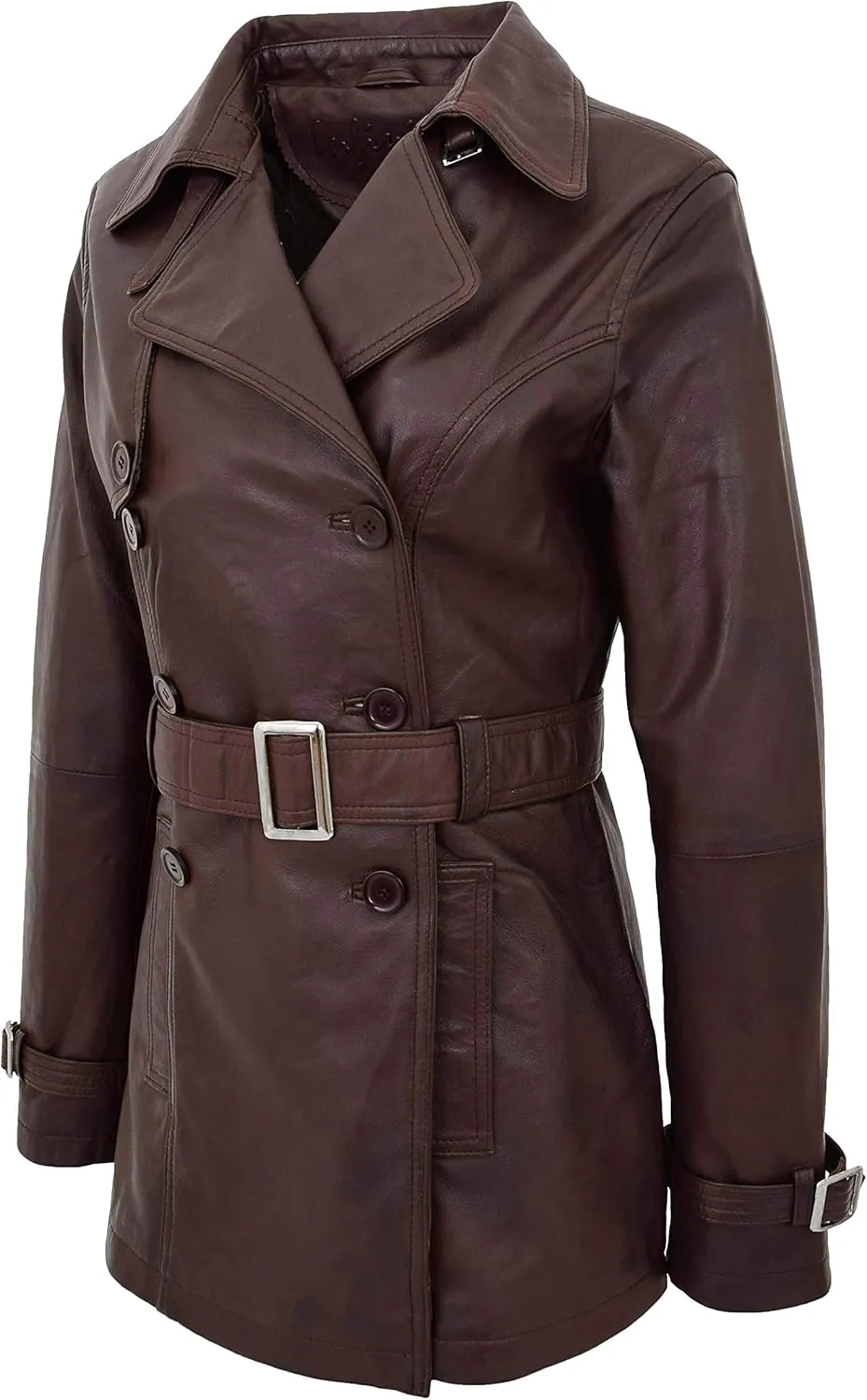 Ladies Double Breasted Mid Length Trench Leather Coat Sienna Brown