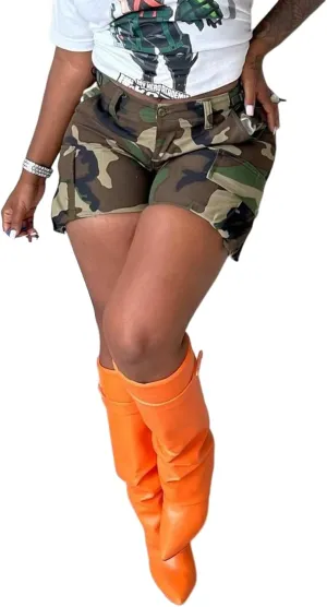 LAJIOJIO Women's Camo Cargo Shorts High Waisted Casual Army Camouflage Print Shorts Summer Bodycon Biker Jogger Mini Shorts