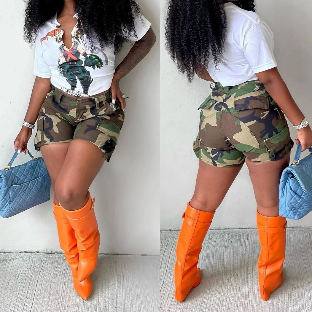 LAJIOJIO Women's Camo Cargo Shorts High Waisted Casual Army Camouflage Print Shorts Summer Bodycon Biker Jogger Mini Shorts