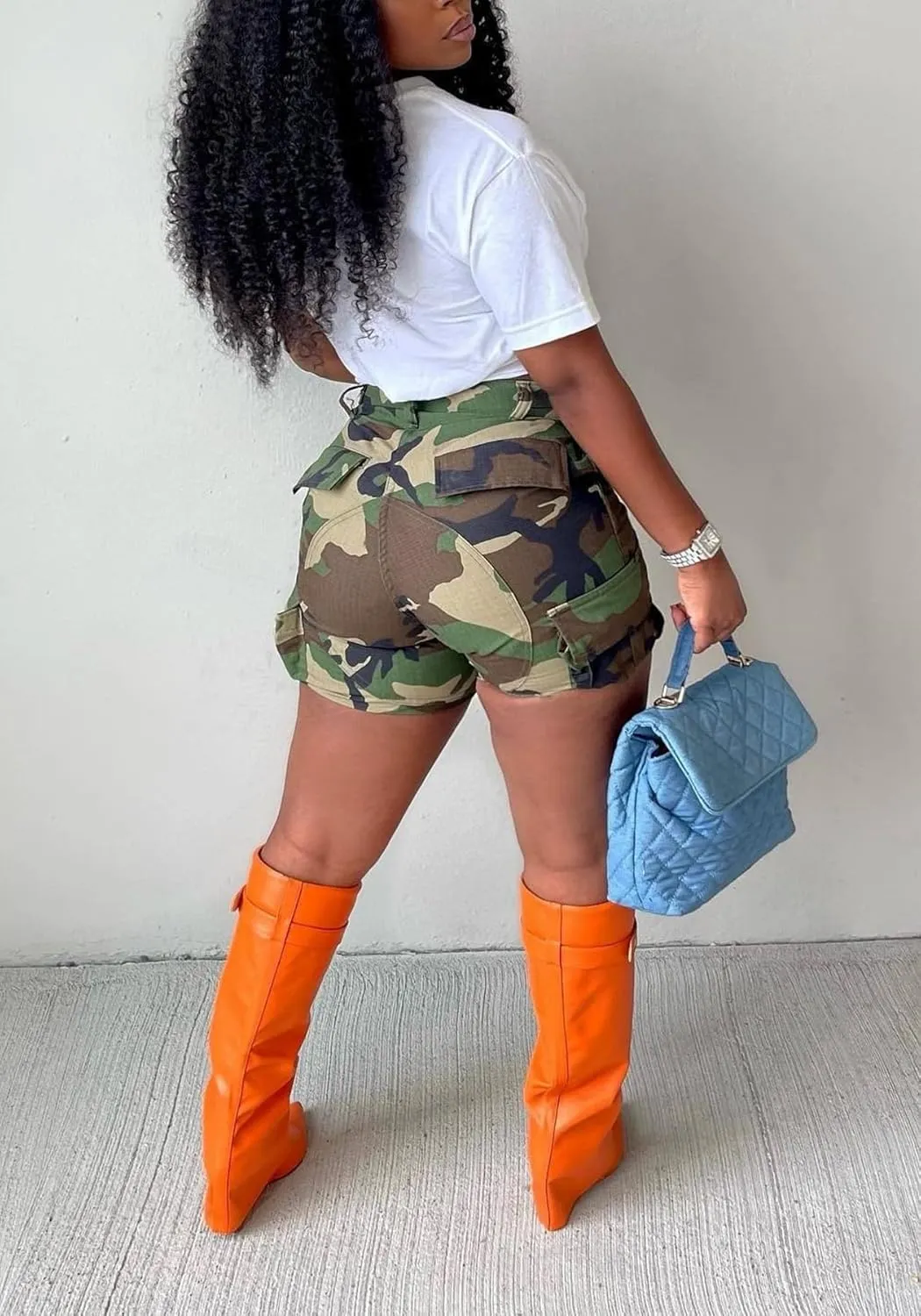LAJIOJIO Women's Camo Cargo Shorts High Waisted Casual Army Camouflage Print Shorts Summer Bodycon Biker Jogger Mini Shorts