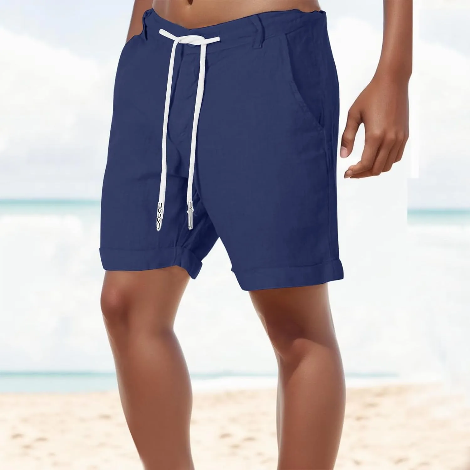 Linen Shorts for Men, Men's Casual Cotton Linen Shorts Elastic Waist Drawstring Summer Beach Golf Shorts with Pockets