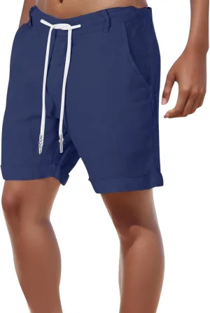 Linen Shorts for Men, Men's Casual Cotton Linen Shorts Elastic Waist Drawstring Summer Beach Golf Shorts with Pockets