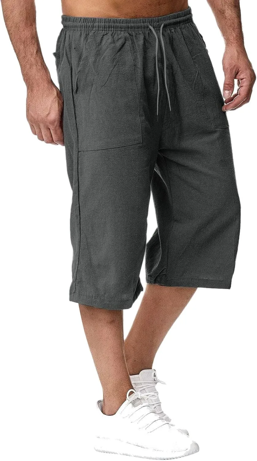 Linen Shorts for Men, Mens Casual Soft Linen Long Shorts Knee Length Sport Drawstring Running Lounge Shorts Capri Pant