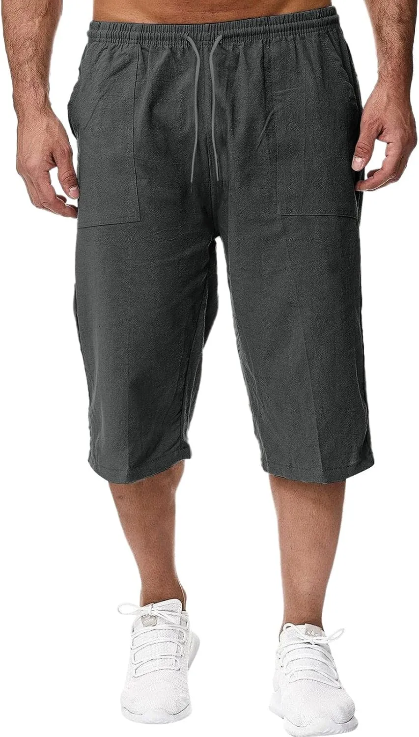 Linen Shorts for Men, Mens Casual Soft Linen Long Shorts Knee Length Sport Drawstring Running Lounge Shorts Capri Pant