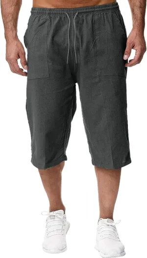 Linen Shorts for Men, Mens Casual Soft Linen Long Shorts Knee Length Sport Drawstring Running Lounge Shorts Capri Pant