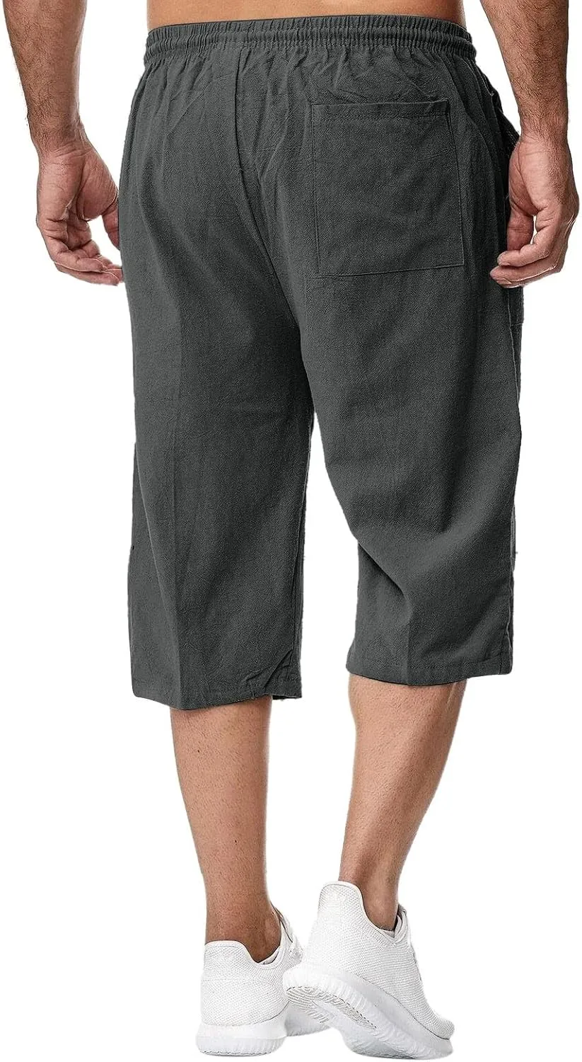 Linen Shorts for Men, Mens Casual Soft Linen Long Shorts Knee Length Sport Drawstring Running Lounge Shorts Capri Pant
