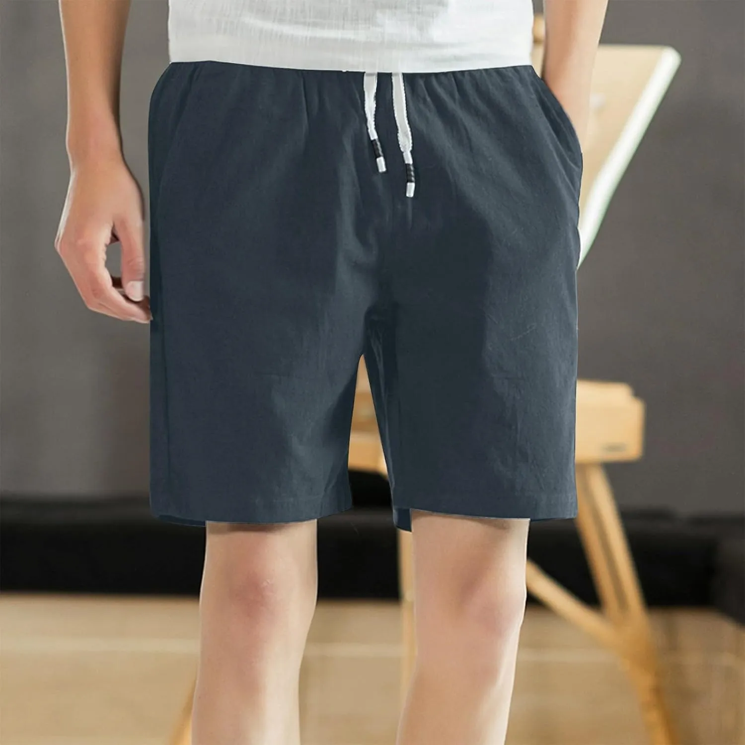Linen Shorts for Men Texture Drawstring Lounge Pant Baggy Comfy Running Hiking Aethletic Shorts with Pocket Plus Size