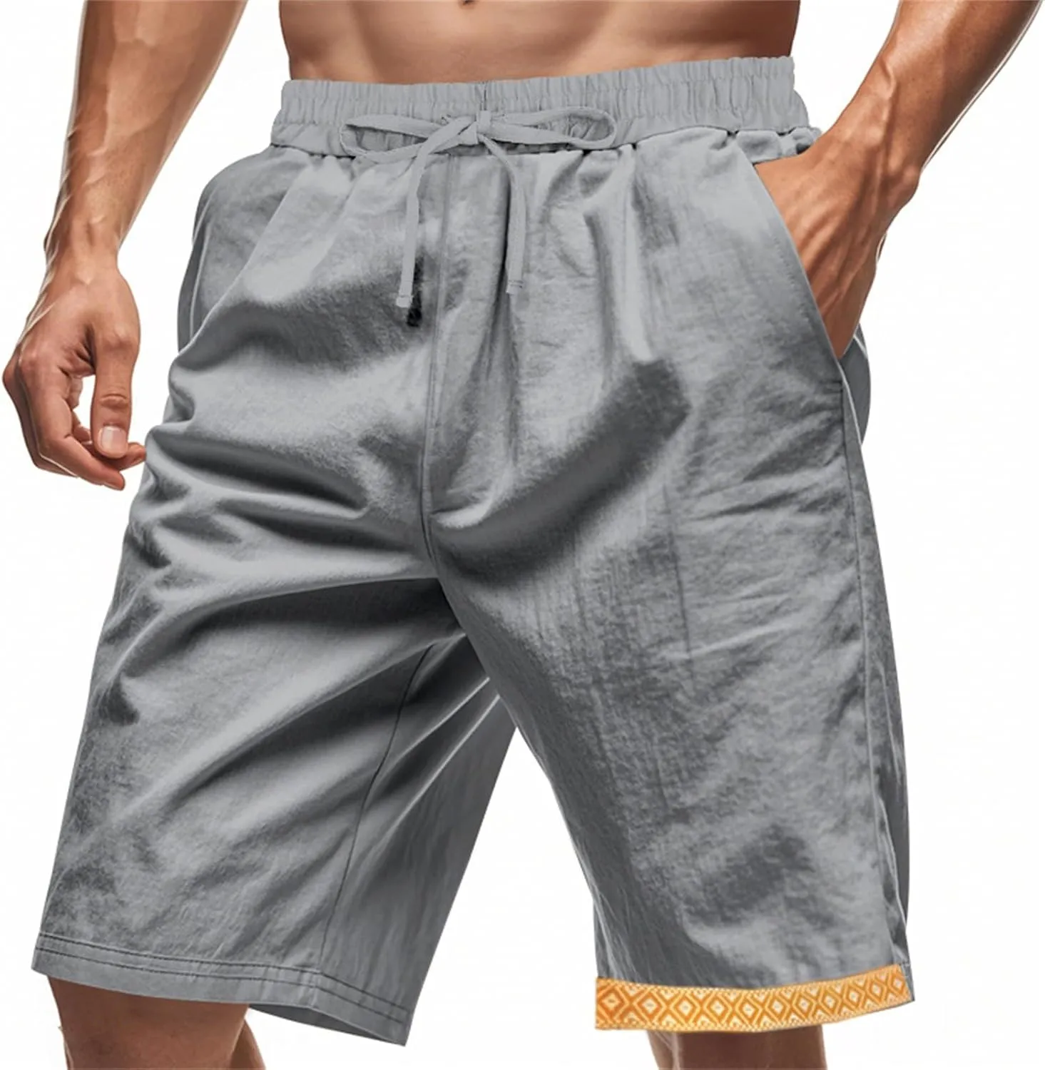 Linen Shorts for Mens Baggy Cool Boho Beach Vacation Summer Pants Elastic Waist Drawstring Casual Shorts with Pockets