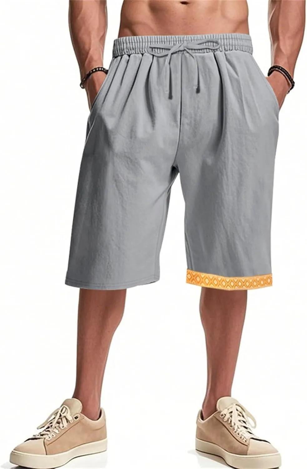 Linen Shorts for Mens Baggy Cool Boho Beach Vacation Summer Pants Elastic Waist Drawstring Casual Shorts with Pockets